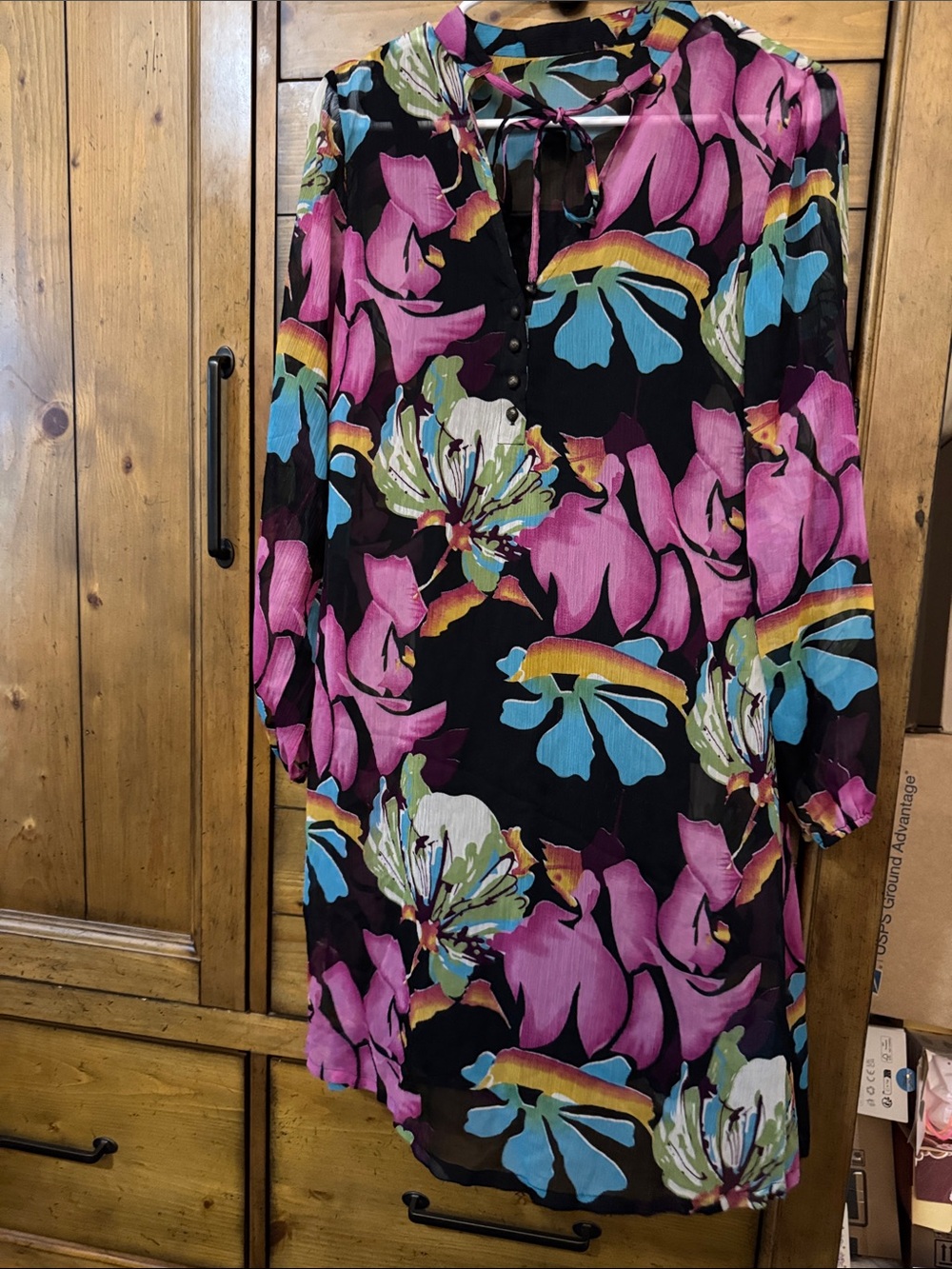 Floral Tie-Neck Long Sleeve Dress - Pink Multi